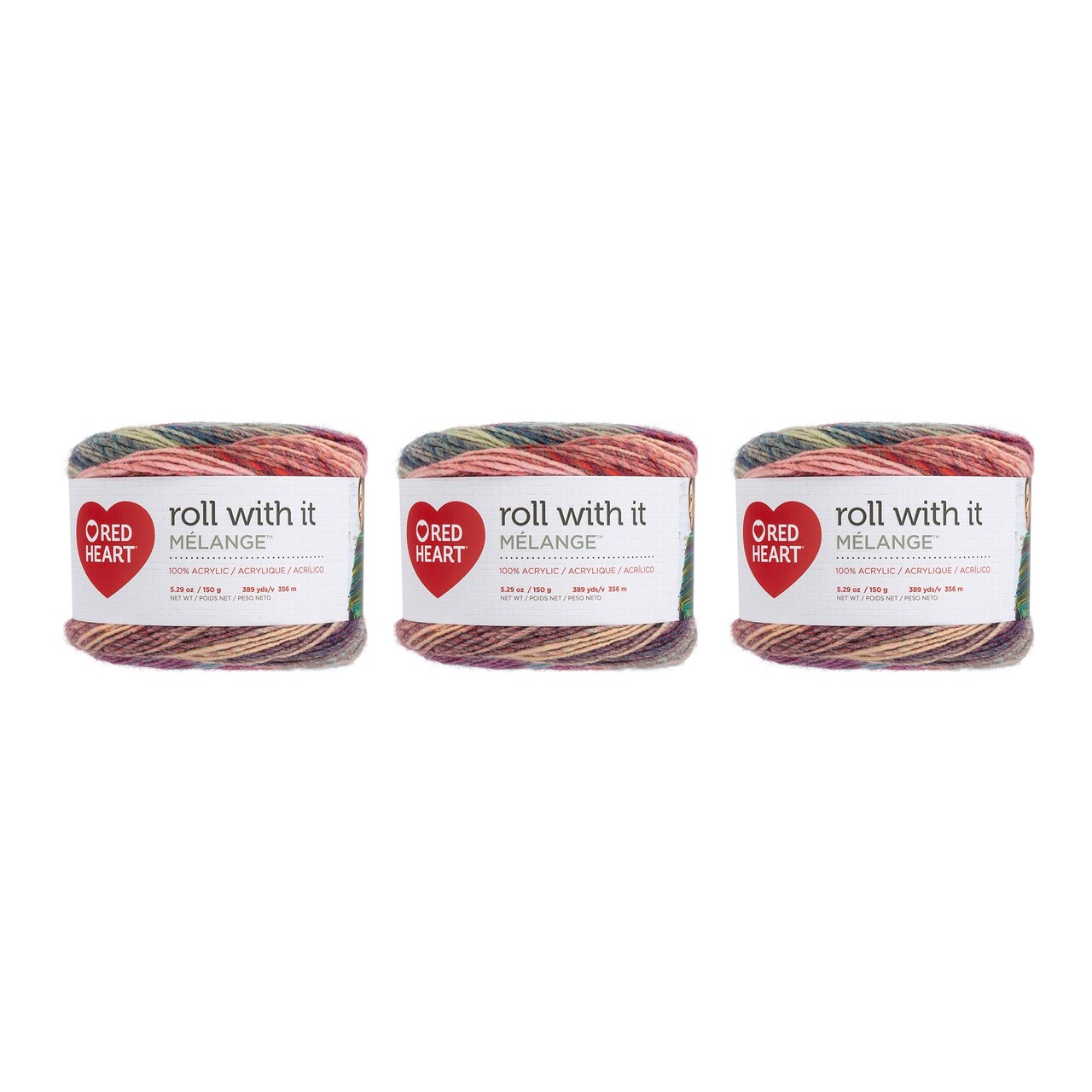 Red Heart Roll With It Melange Hollywood Yarn - 3 Pack of 150g/5.3oz - Acrylic - 4 Medium (Worsted) - 389 Yards - Knitting/Crochet